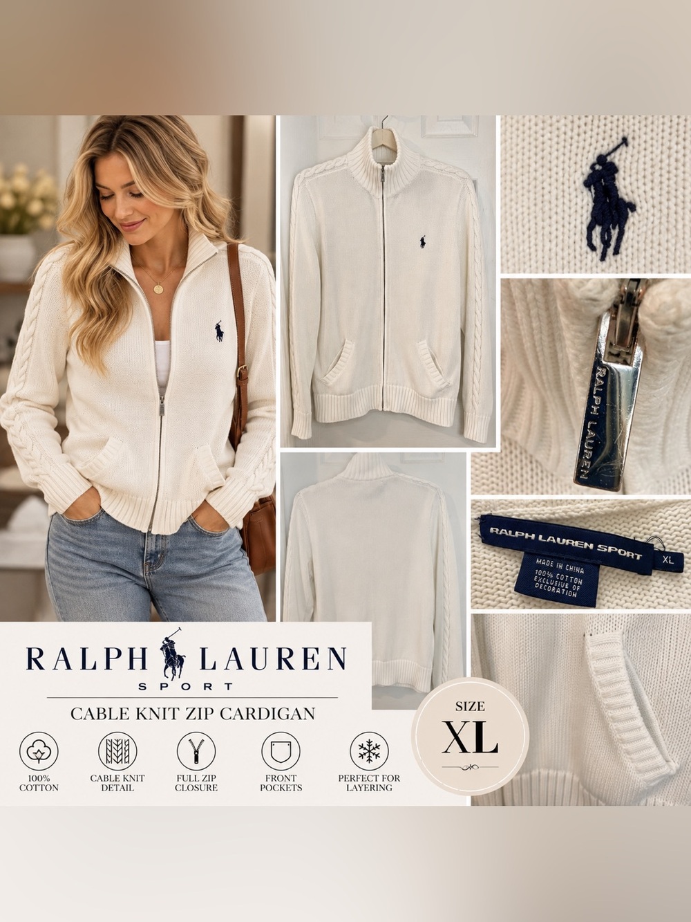 Ralph Lauren Sport Ivory Cable Knit Full Zip Cardigan Sweater XL Cotton